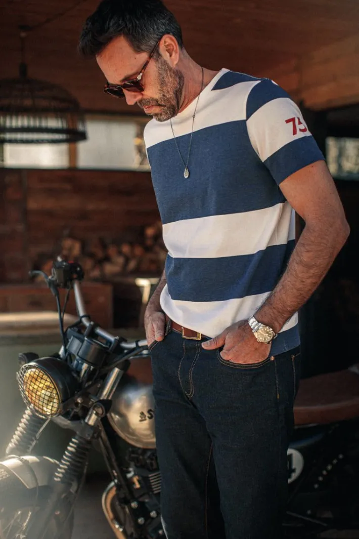 &SONS Tops-75 T-Shirt Indigo Stripe