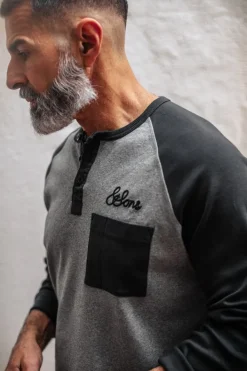 &SONS Tops-Infield Raglan Henley Shirt Grey/Charcoal