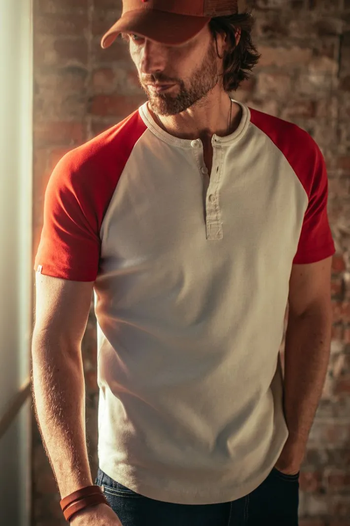 &SONS Tops-The Chariot Henley Shirt Raw/Red